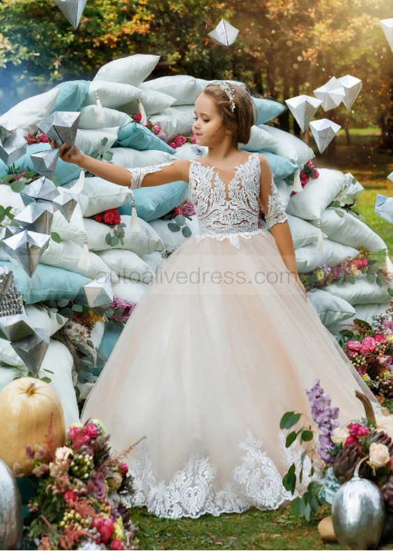 Elbow Sleeves Ivory Lace Champagne Tulle Flower Girl Dress